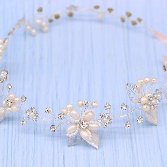 Bridal Crystal Headband with Pearls Flower Design Silver Wedding Hair Accessory main image 5